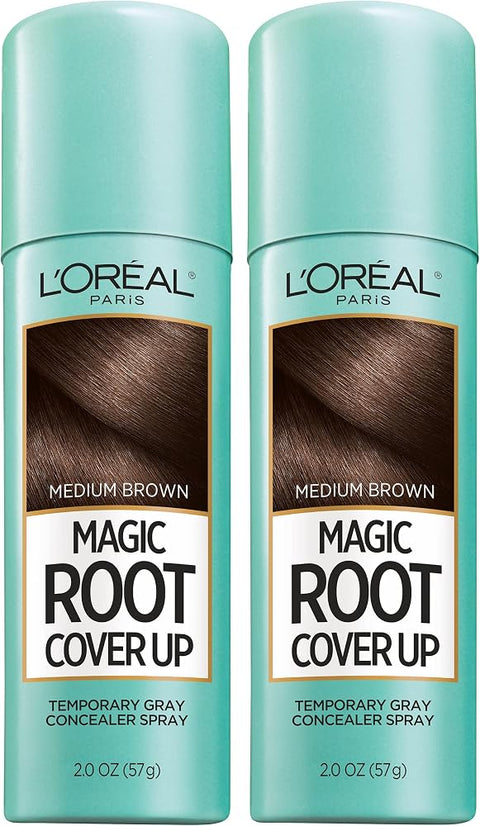 L'Oreal Paris Magic Root Cover Up Gray Hair Spray, 100% Gray Hair Coverage with Buildable, Lightweight, Transfer-Resistant, and Temporary Formula, Ammonia-Free, Medium Brown, 2 oz (2 Count)