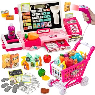 Kids Cash Register Toy with Shopping Cart Kids Pretend Play Store Cashier Register for Kids with Music / Real Calculator / Scanner Learning Toys for Girls Birthday Gift for 3-8 Year Old Girl