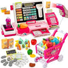 Kids Cash Register Toy with Shopping Cart Kids Pretend Play Store Cashier Register for Kids with Music / Real Calculator / Scanner Learning Toys for Girls Birthday Gift for 3-8 Year Old Girl