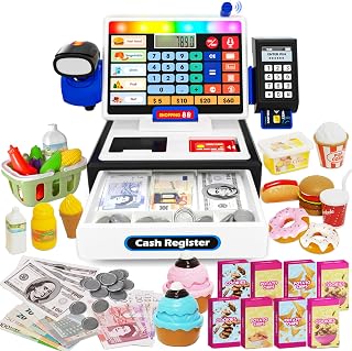 maysida LED Calculator Cash Register Toy - Pretend Play Set Kids Cash Register with Scanner, Microphone and Credit Card, Math Skills Toy for 3, 4, 5, 6 7 8+ Year Old Girl Boy
