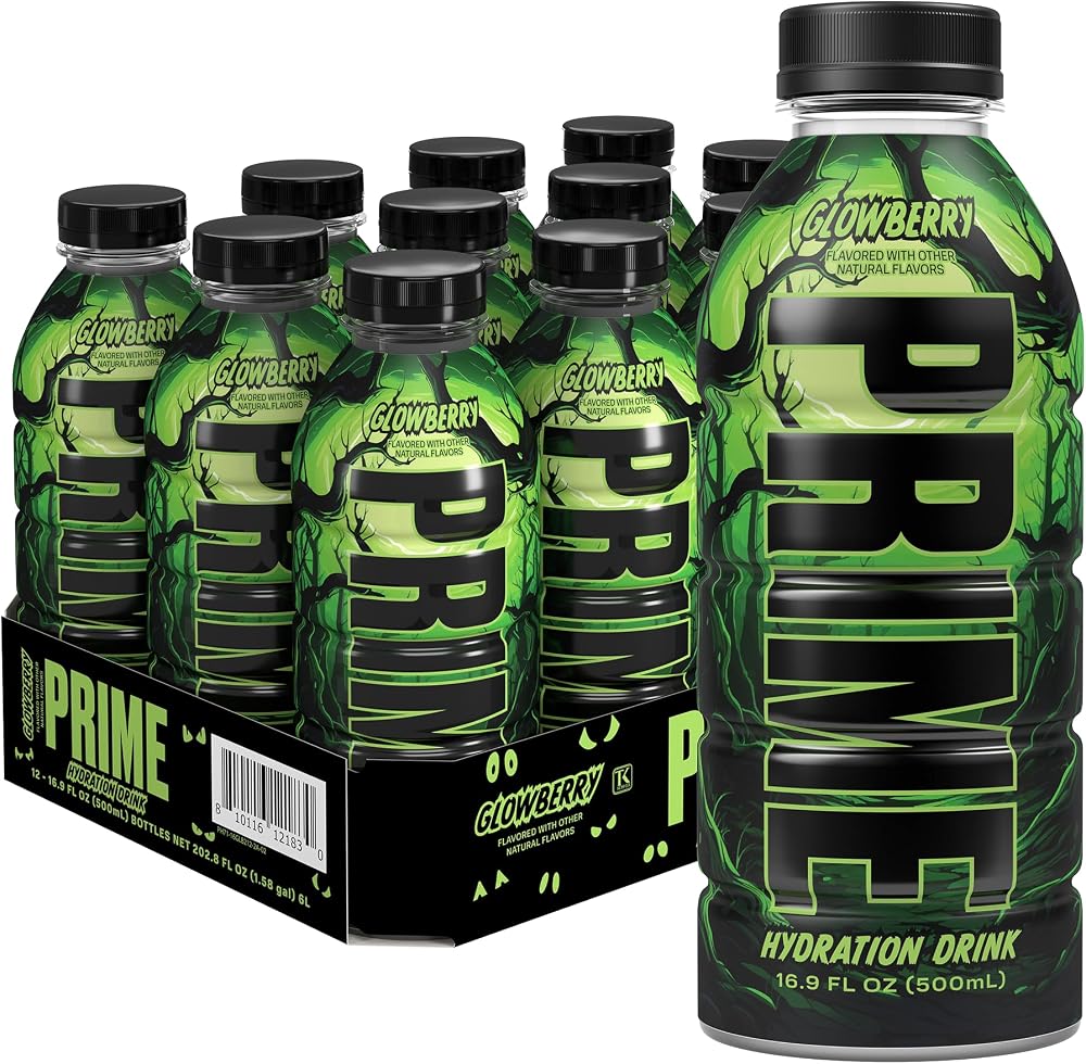 PRIME Hydration GLOWBERRY, Sports Drinks, Electrolyte Enhanced for Ultimate Hydration, 250mg BCAAs, B Vitamins, Antioxidants, Low Sugar, 16.9 Fl Oz, 12 Pack
