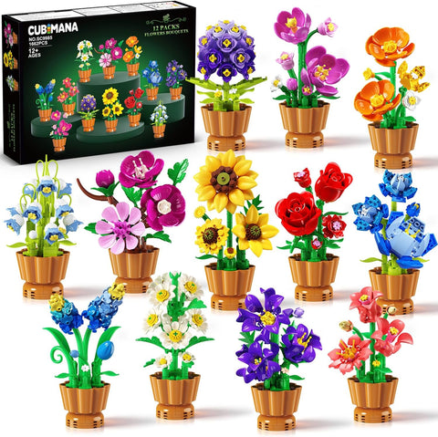 12 Pack Flowers Botanicals Collection Building Set for Adults, 3.6mm Mini Block Tiny Plants, Artificial Flowers Crafting Kit, Fake Indoor Flower for Home Office Desk Decor, Birthday Gifts for Kids 12+