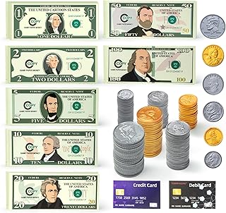 Play Money Set for Kids with Bills & Coins,Pretend Play Cash for Homeschool, Game Currency for Education, Board Games