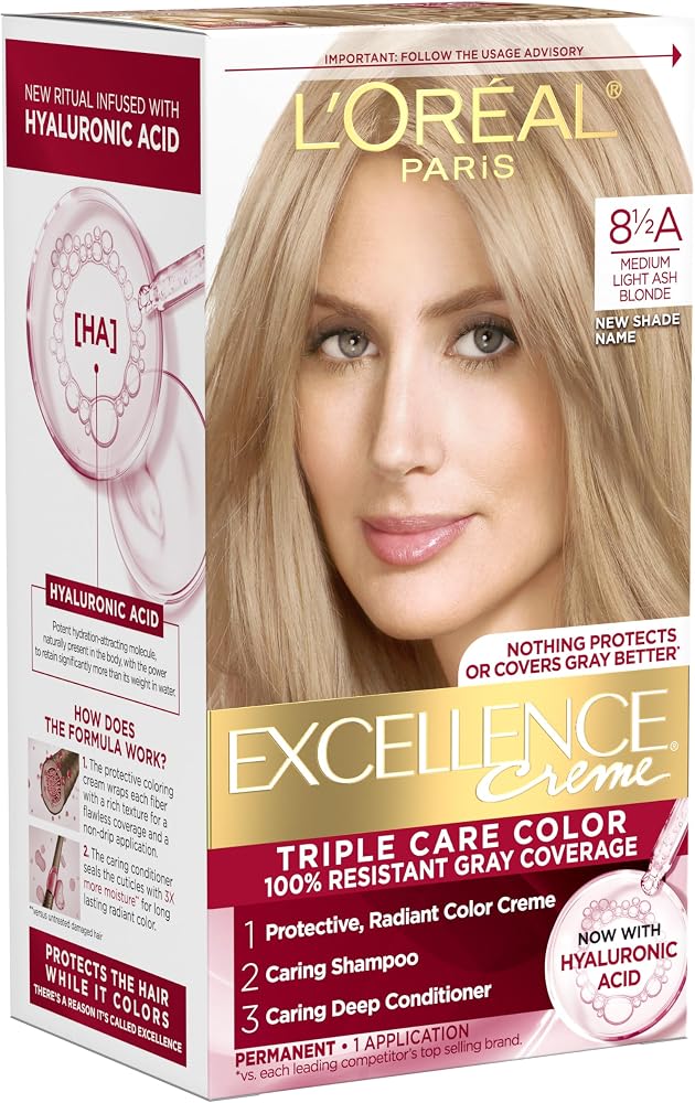 L'Oreal Paris Excellence Crème Permanent Hair Dye, Triple Care Hair Color with Hyaluronic Acid for 100% Gray Coverage, 8.5A Medium Light Ash Blonde, 1 Kit (Packaging May Vary)