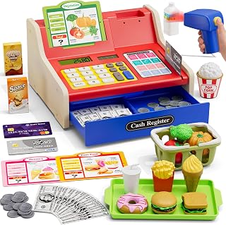 Wee Wonders Wooden Cash Register for Kids with Real Calculator & Scanner
