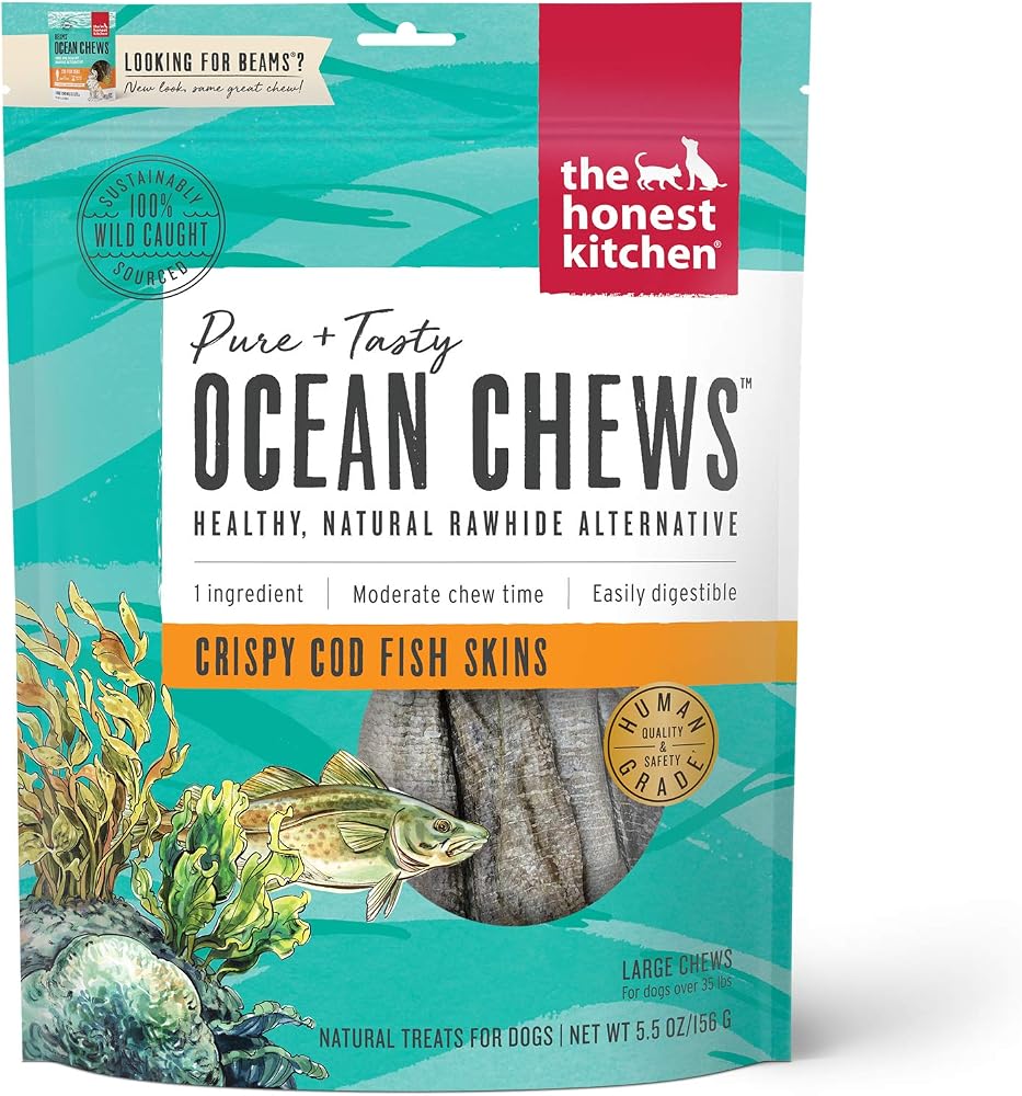 The Honest Kitchen Ocean Chews Crispy Cod Fish Skins Dog Treats, Human Grade Single Ingredient Dehydrated Fish Dog Chews for Large Dogs, High Protein Rawhide Alternative for Skin Coat, 5.5 oz