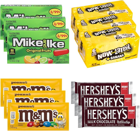 Big TOP DEALS USA 24 Count Candy Variety Pack, 6 Each Mike and Ike Original Fruits, Now and Later Banana, M&M's Peanut, Hershey's Milk Chocolate - Individually Wrapped, Fruity Chewy Candy