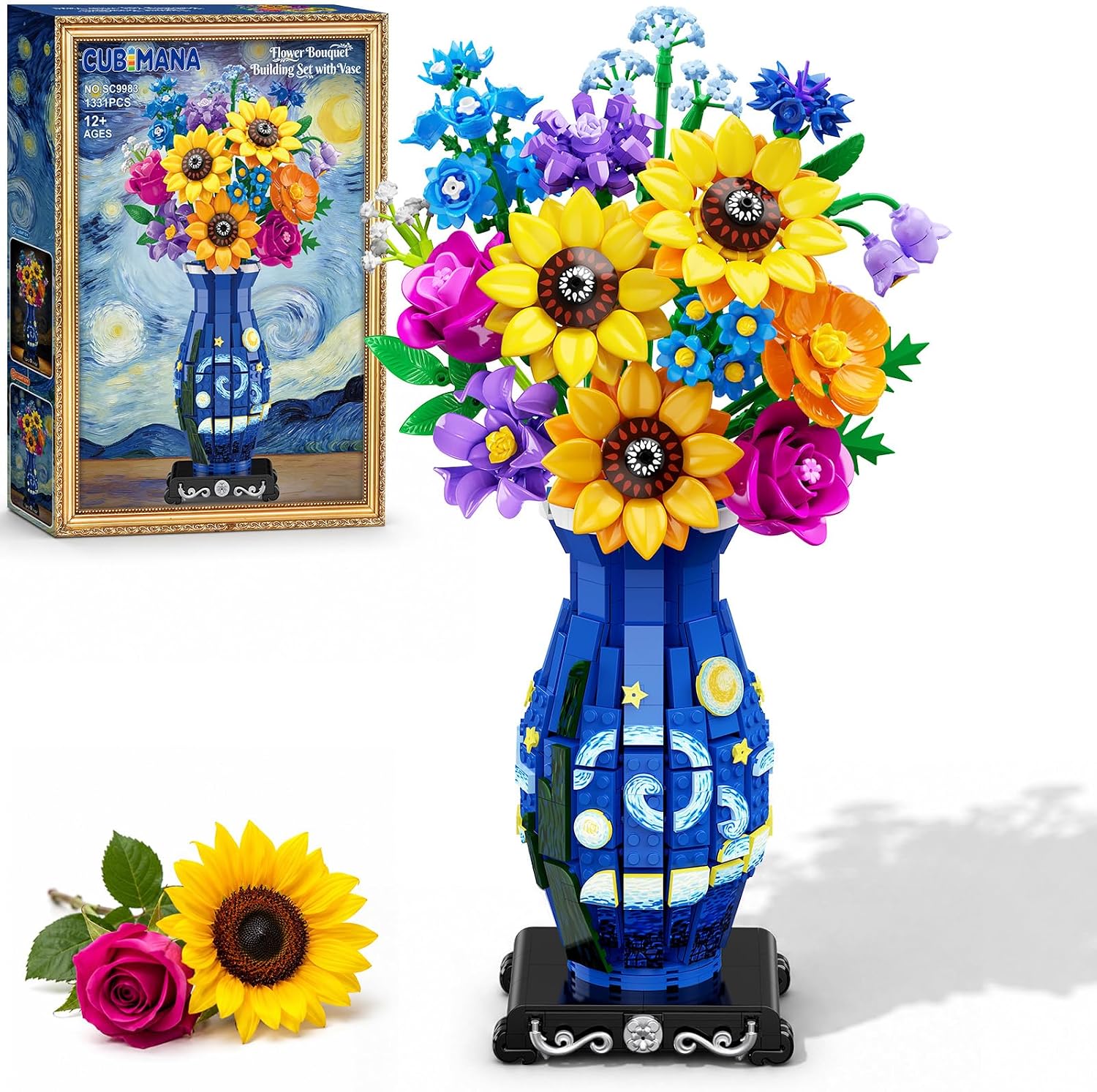 CUBIMANA Flower Bouquet Building Set with Starry Night Vase & LED Light
