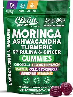 Clean Nutra Moringa Gummies | Pure Moringa Powder Supplement + Ashwagandha Turmeric Spirulina & Ginger Energy, Skin, Immune & Gut Health Green Superfood - Moringa Capsules Alternative