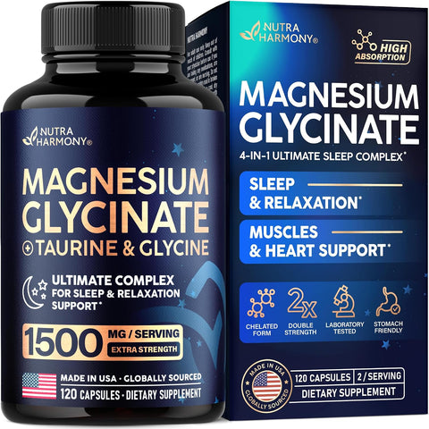 Magnesium Glycinate w/Glycine & Taurine - Magnesium for Sleep - 120 Caps
