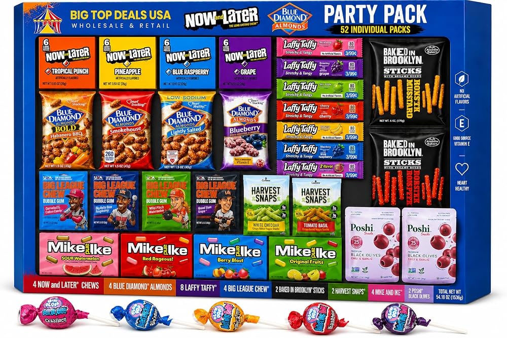 BIG TOP DEALS USA Snack Box Variety Pack Care Package (52 Packs) Food Assortments & Variety Gifts for Christmas All Saints Day Gift Basket Kids Adults Men Women Birthday Almonds Candy Sesame Sticks