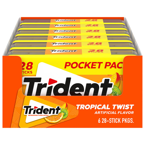 Trident Tropical Twist Sugar Free Gum, 6 Pocket Packs of 28 Pieces (168 Total Pieces)