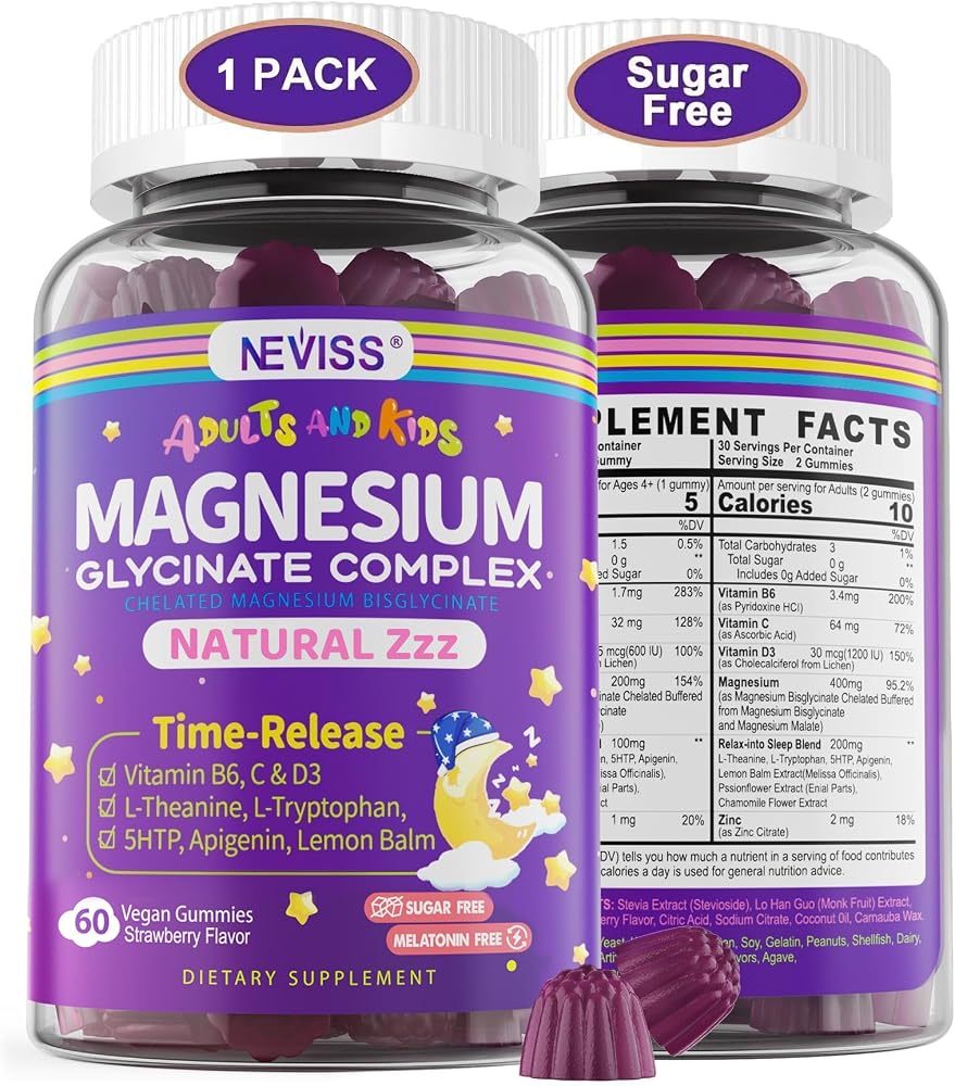 Magnesium Glycinate Gummies for Adults & Kids 4+, Sugar Free Magnesium Bisglycinate Supplement 400/200mg with B6 D3, L-Theanine for Zzz & Relaxation, Brain, Melatonin Free Gummies,1Pack