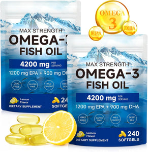Omega 3 Fish Oil 4200mg, Triple Strength 1200mg EPA & 900mg DHA, Wild Caught Norwegian Fish, Enteric Coated, No Fishy Burps, Lemon Flavor, Supports Heart, Brain & Joint Health, 240 Softgels, 2 Pack
