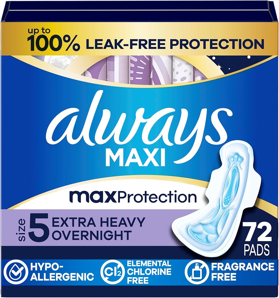 Always Maxi Overnight Pads with Wings, Size 5, Extra Heavy Overnight, Unscented, 72 Count - Personal Care