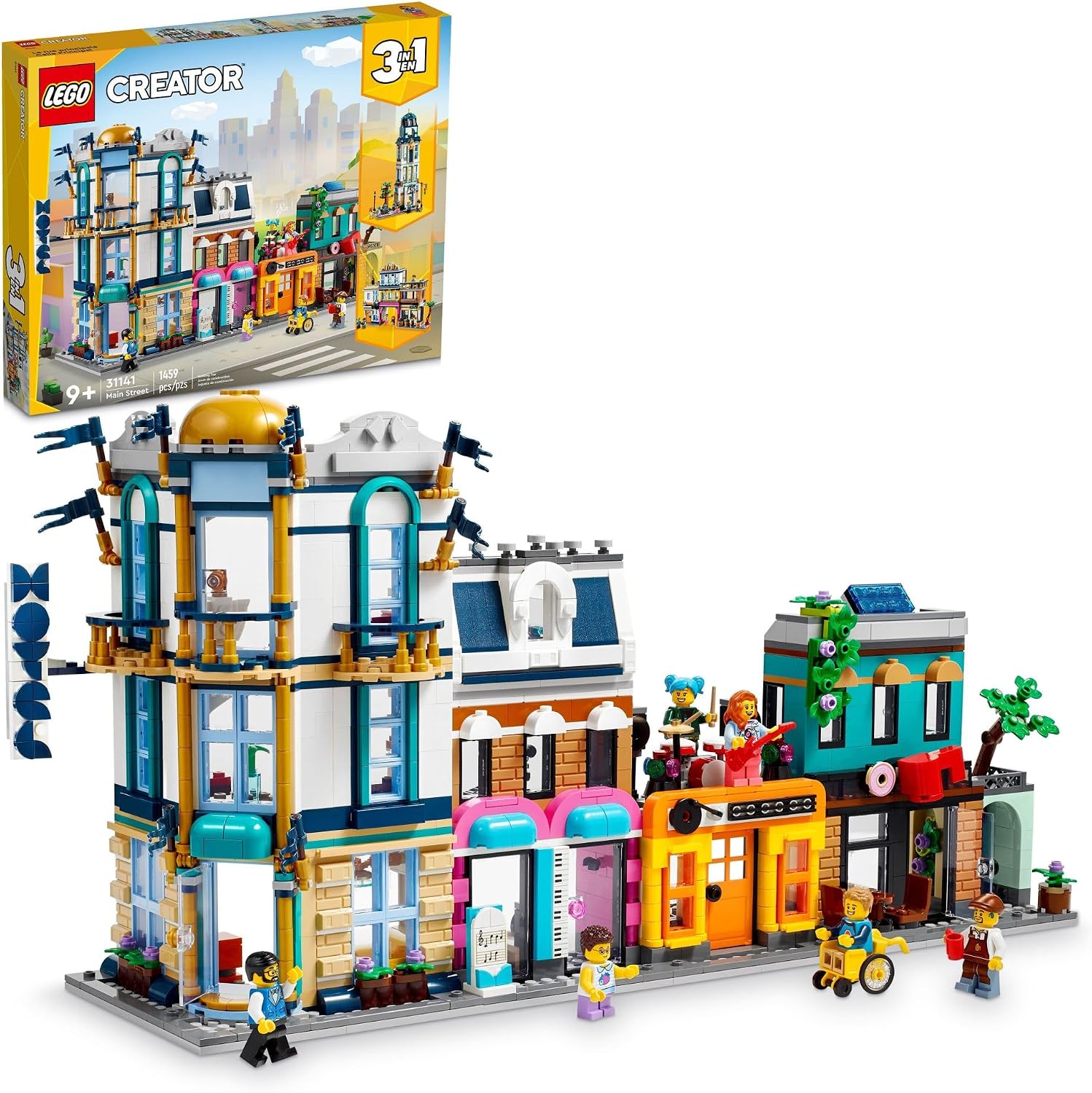 LEGO Creator 3 in 1 Main Street Building Toy Set, Features a Toy City, Art Deco Building, Market Street, Hotel, Café, Music Store and 6 Minifigures, Endless Play Possibilities for Kids, 31141