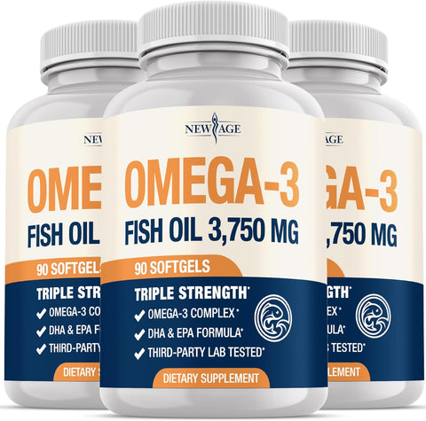 NEW AGE Triple Strength Omega 3 Fish Oil 3750 mg - EPA & DHA - Over 3000mg Omega-3 Fatty Acids - 1350mg EPA + 900mg DHA - Best Essential Fatty Acids, Burpless Fish Oil - 270 Count