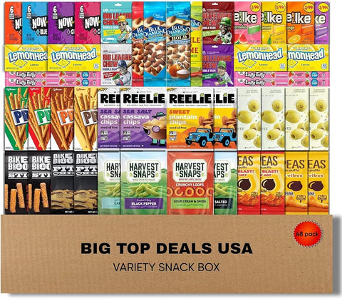 BIG TOP DEALS USA Variety Snack Box 48 Count Candy, Chips & Snacks Assortment Care Package for Parties, Office, College, Birthdays, Holidays & Gifts