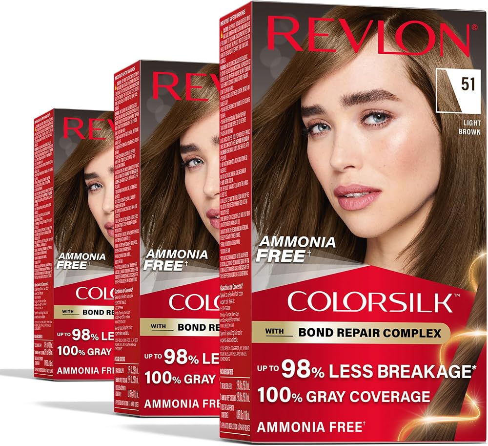 Revlon ColorSilk with Bond Repair Hair Color, 51 Light Brown, 3pk