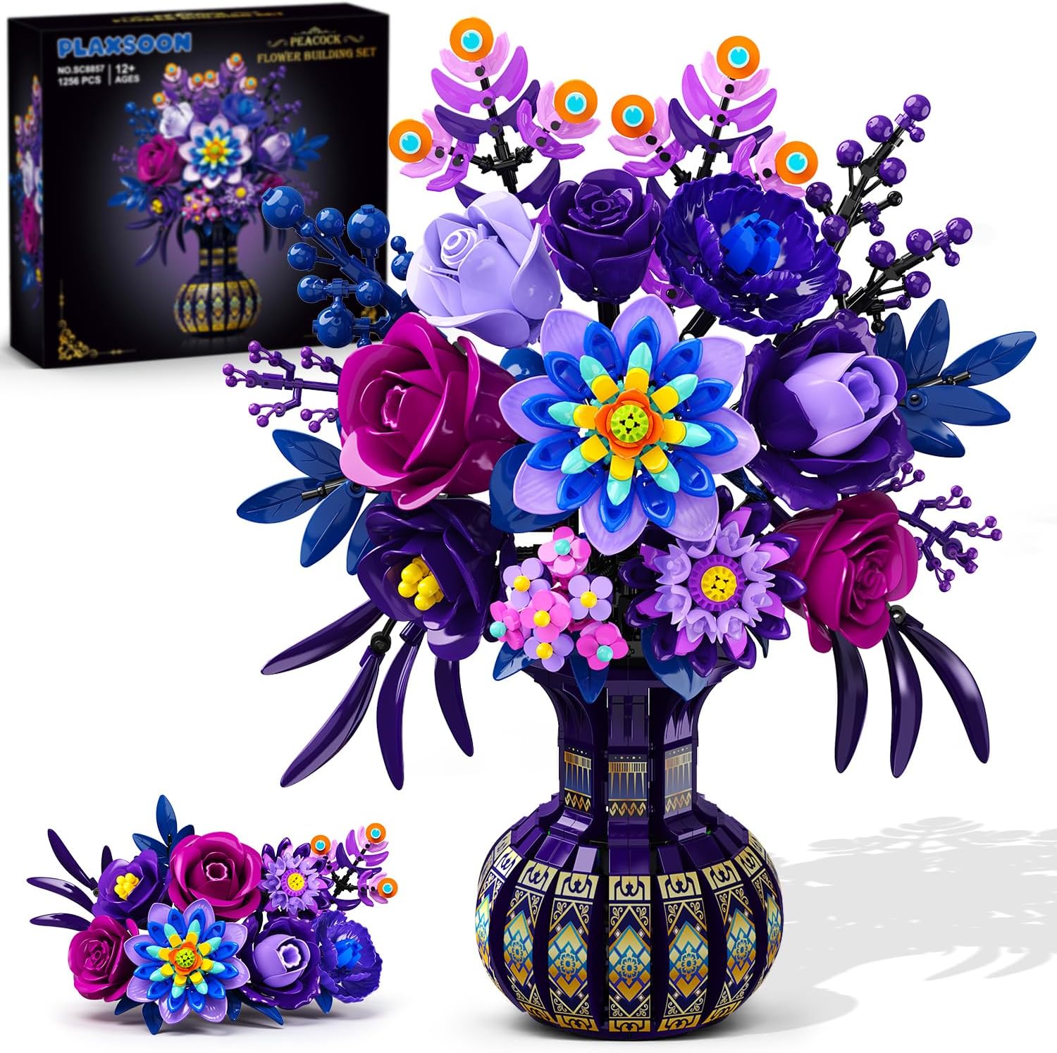 PLAXSOON Flowers Building Set with Vase for Her Adults, Botanical Decor