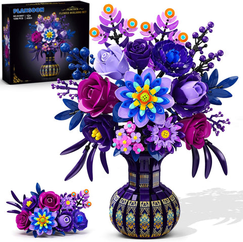 PLAXSOON Flowers Building Set with Vase for Her Adults, Botanical Decor