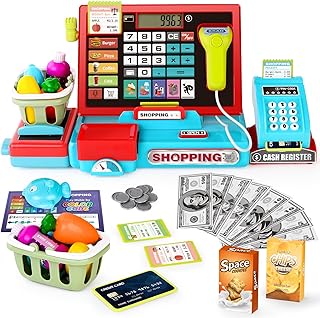 Kids Cash Register with Scanner, Role-Play Toys for Children 3-8 | Microphone, Shopping Basket, 52 Shop Accessories,Play Money, Pretend Play Children's Cash Register (Blue)