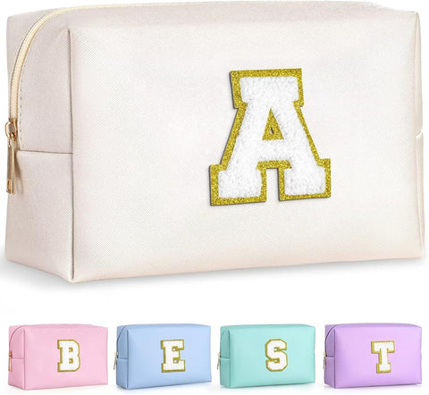 TOPEAST Initial Makeup Bags for Women, Personalized Portable Cosmetic Bag for Travel, Cute Makeup Pouch, PU Leather Waterproof Toiletry Bag, Preppy Things for Girl (White V)