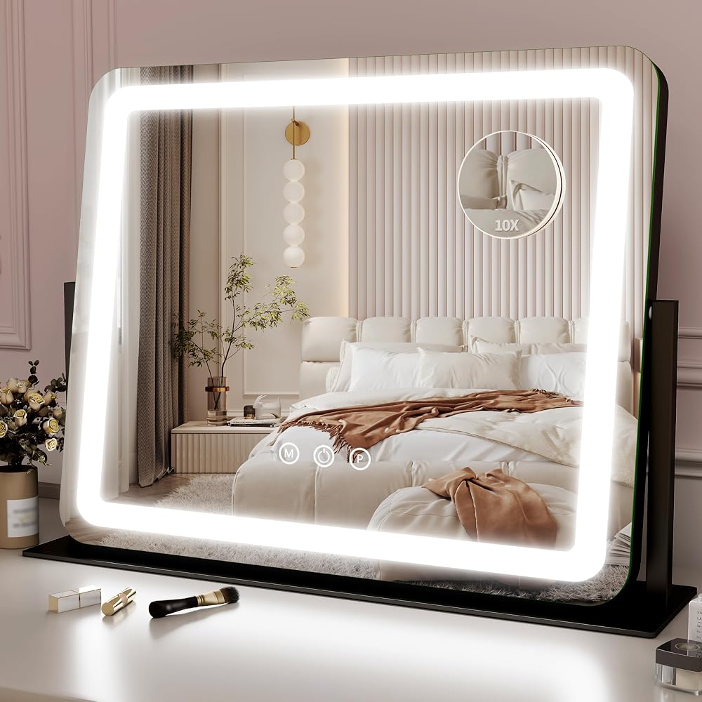 ROLOVE Pink Vanity Mirror with Lights 22"x18", Lighted Makeup Mirror with 10X Magnification, Smart Touch 3 Colors Dimmable, 360° Rotation, Gift for Teens