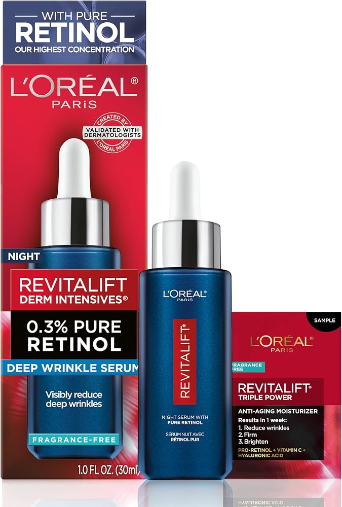 L'Oreal Paris Revitalift 0.3% Pure Retinol Night Serum, Reduce Deep Wrinkles, Fragrance Free 1 oz + Moisturizer Sample - Personal Care