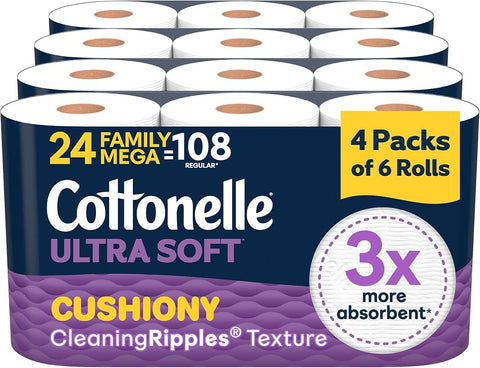 Cottonelle Ultra Soft Toilet Paper, 24 Family Mega Rolls=108 Regular Rolls