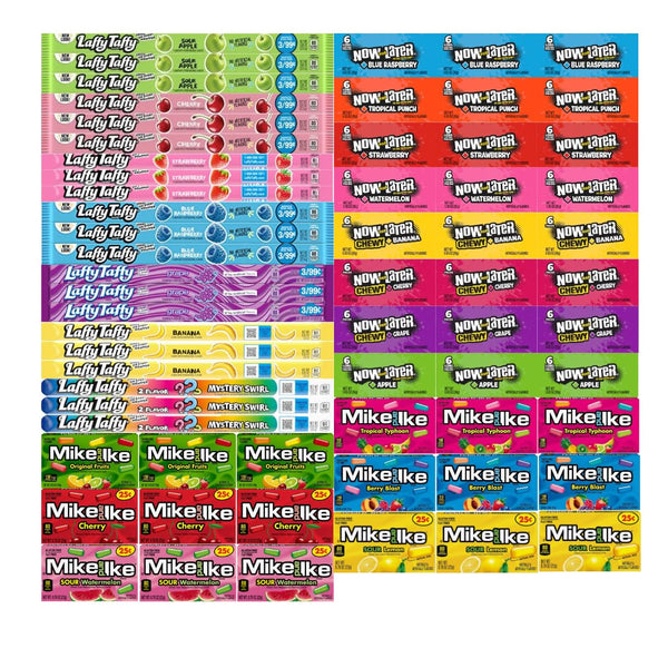 BigTopsDeals Assorted Candy Mix: Mike and Ike (6 Flavors), Now and Later (8 Flavors), Laffy Taffy (7 Flavors) - Chewy Treats & Sour Candy, 63 Pack (3 Each Flavor) - Perfect for Parties, Gifts, Snacks