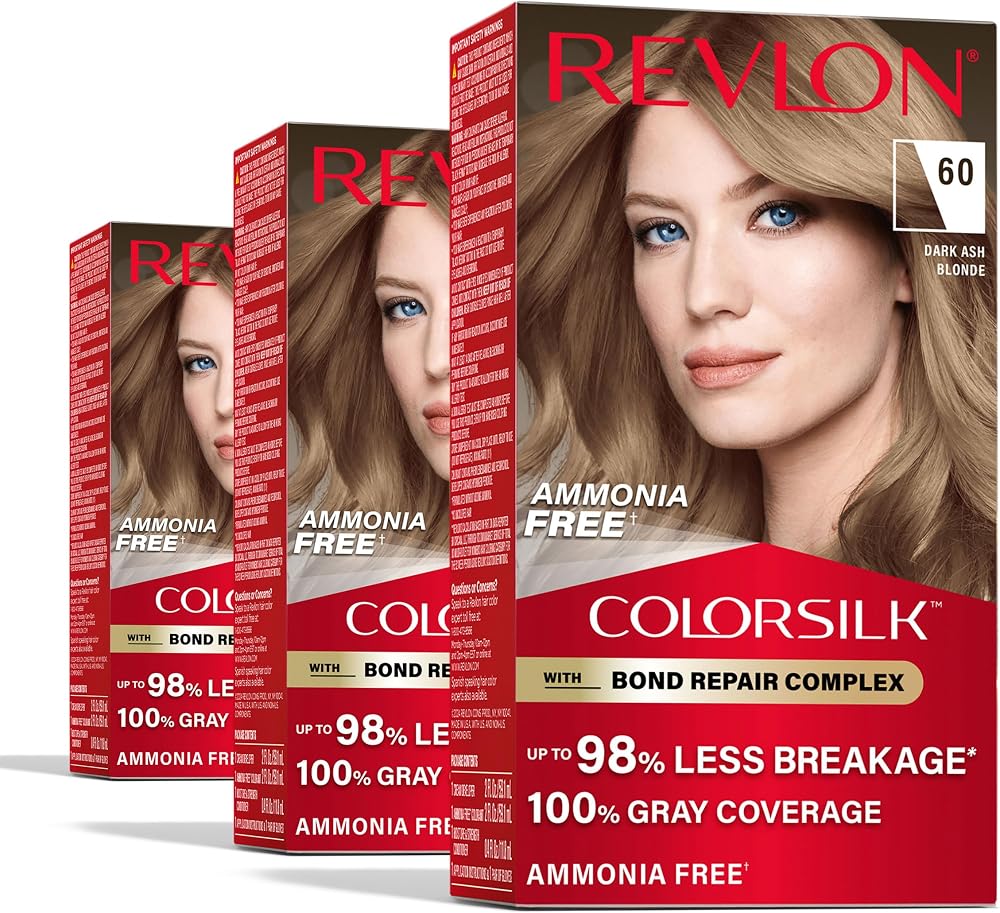 Revlon ColorSilk with Bond Repair Hair Color, 60 Dark Ash Blonde, 3pk