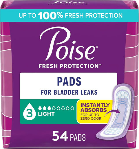 Poise Incontinence & Postpartum Pads for Bladder Leaks, 3 Drop Light Absorbency, Regular Length, 54 Count, Packaging May Vary - Personal Care