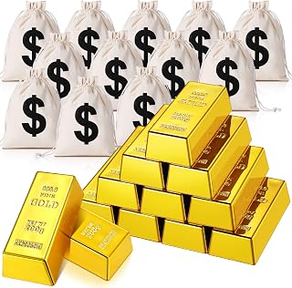 HyDren 12 Pcs Fake Gold Bars, 12 Pcs Money Bag Pouch, Mini Movie Prop Bars