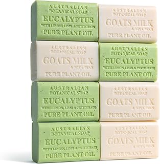 Australian Botanical Men's Soap Bars, Duo Pack Luxury Body and Beard Bars, Eucalyptus and Goats Milk Soap, Gift for Men, 6.6 oz. 4 Bars of Each
