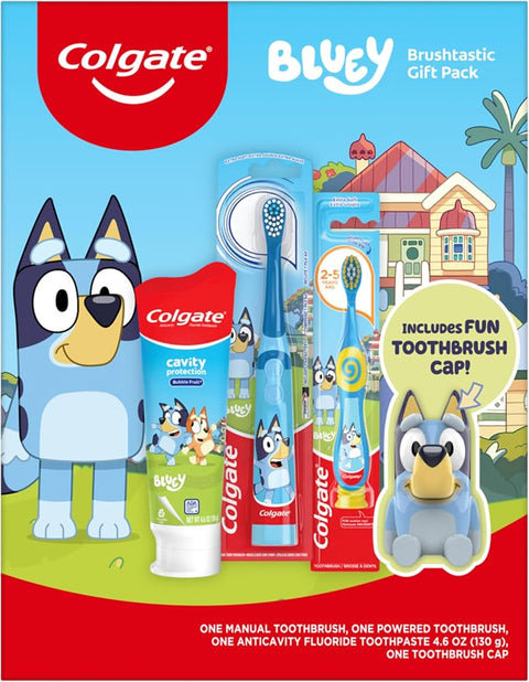 Colgate Kids Toothbrush Set, Kids Toothbrush and Toothpaste Set, Includes Manual Bluey Toothbrush, Kids Toothpaste, and Kids Battery Toothbrush with Included AA Battery, Bluey Gift Set