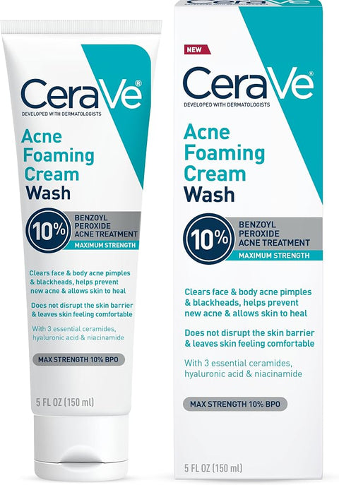 Cerave Acne Foaming Cream Wash, 10% Benzoyl Peroxide Facial Cleanser, 5oz - Personal Care