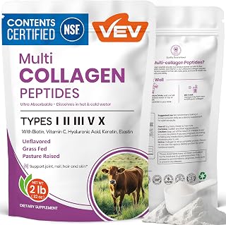 VEV Multi Collagen Peptides Powder, Hydrolyzed Types I, II, III, V & X Collagen, Unflavored, 32 oz, 82 Servings