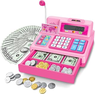 BAODLON Calculator Cash Register - 103 Pcs Pink Toy Cash Register, Microphone, Credit Card and Banking for Kids, Early Math Skills Toys Gifts for 3, 4, 5, 6 7 8+ Years Old Boys Girls