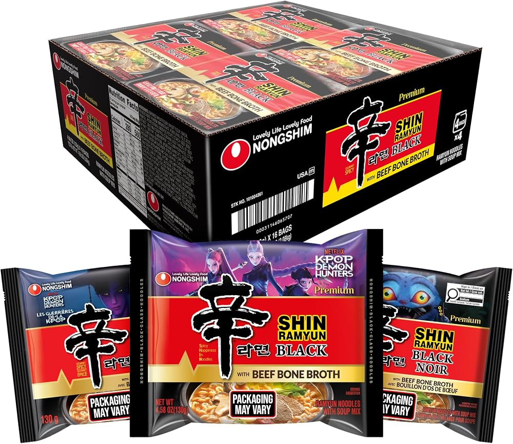 Nongshim Shin Ramyun Black Noodles, Spicy Korean Signature Instant Ramyun, Rich Beef Bone Broth, Pantry Essential Korean Noodles, Quick and Easy, 4.58 oz (Pack of 16)