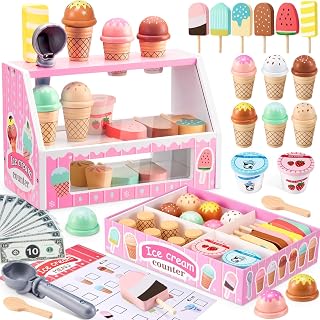 WHOHOLL Wooden Ice Cream Counter Playset for Toddler Girl Toys, Play Store Pretend Toy Food Play Kitchen Accessories with Fake Money & Coin, Christmas Birthday Gifts for 3+ Year Old Kids (Pink)
