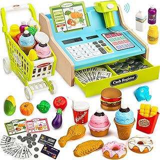 Wooden Cash Register for Kids with Shopping Cart Kid Cash Register with Scanner Gift for Kid Age 3 4 5 6 7 8 9 Year Old Pretend Play for Toddlers Toys for 3-12 Year Old Kids