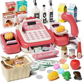49Pcs Cash Register Toy Set, Pretend Play Grocery Store Cashier Playset