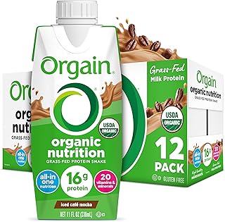 Orgain Organic Grass Fed Dairy 16g Protein Shake, Café Mocha, 11oz, 12pk