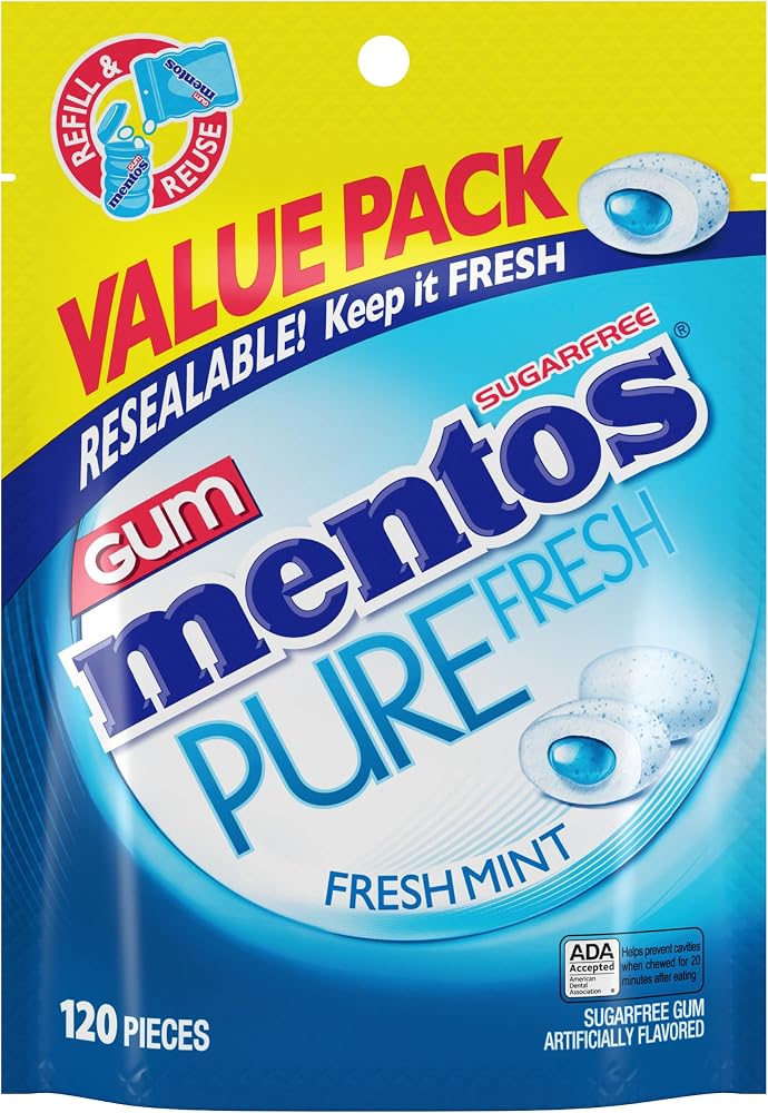 Mentos Pure Fresh Sugar Free Gum With Xylitol, Fresh Mint, 120 Piece Bag