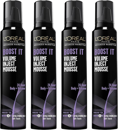 L'Oreal Advanced Hairstyle/Paris - Boost It Volume Inject Mousse - Extra Strong Hold - Net Wt. 8.3 OZ (235 g) Per Can - Pack of 4 Cans - Personal Care