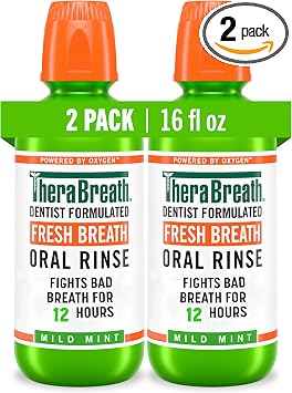 TheraBreath Fresh Breath Mouthwash, Mild Mint Flavor, Alcohol-Free, 16 Fl Oz (2-Pack)