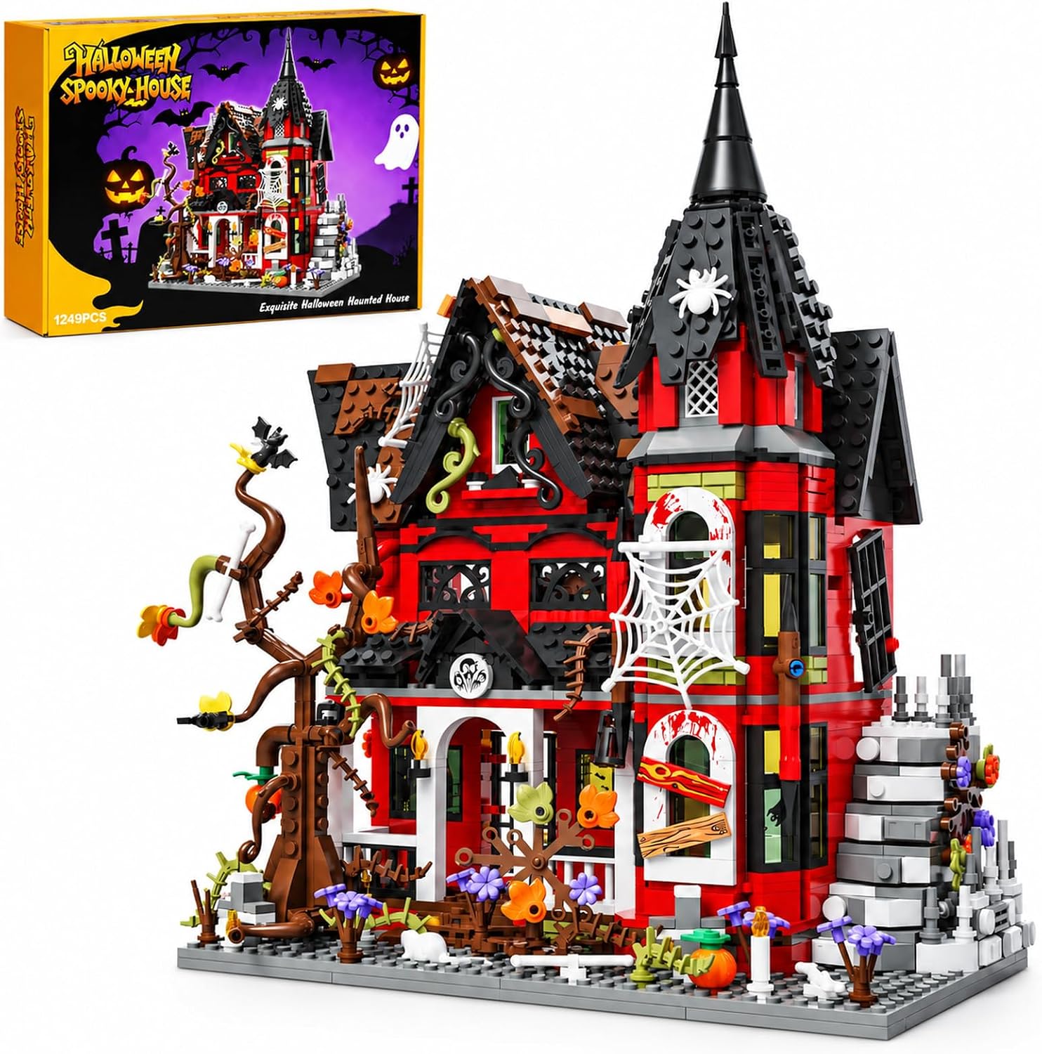 2026 Halloween Haunted House Building Blocks Set 1249 PCS Spooky Mansion Decor Model Kit Horror Village Town Castle Architecture for Adults Teens Creative Gift Idea