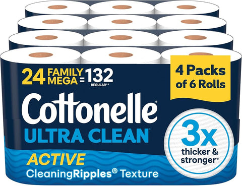 Cottonelle Ultra Clean Toilet Paper, 24 Family Mega Rolls=132 Regular Rolls
