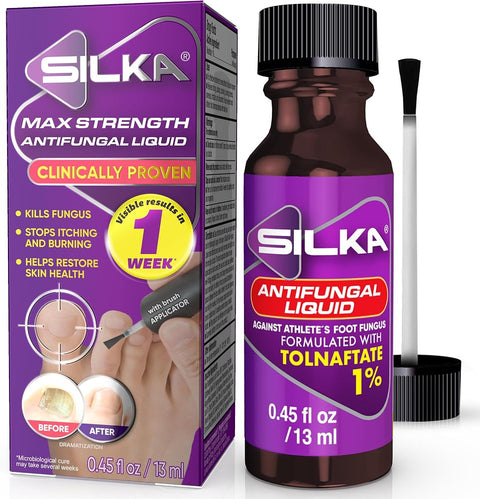 Silka Max Strength Antifungal Liquid for Toenail Health with Brush Applicator, Results in 1 Week, Nail Fungus Treatment for Damaged Toenails, Athlete's Foot Treatment, Tolnaftate 1% 0.45 Fl Oz